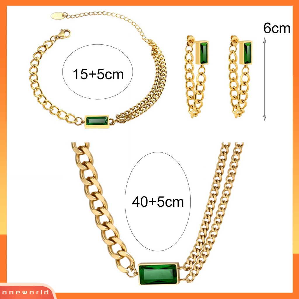 [WOD] Wanita Anting Dirantai Persegi Cubic Zirconia Perhiasan Vintage Electroplating Kalung Anting Gelang Untuk T Show Gown