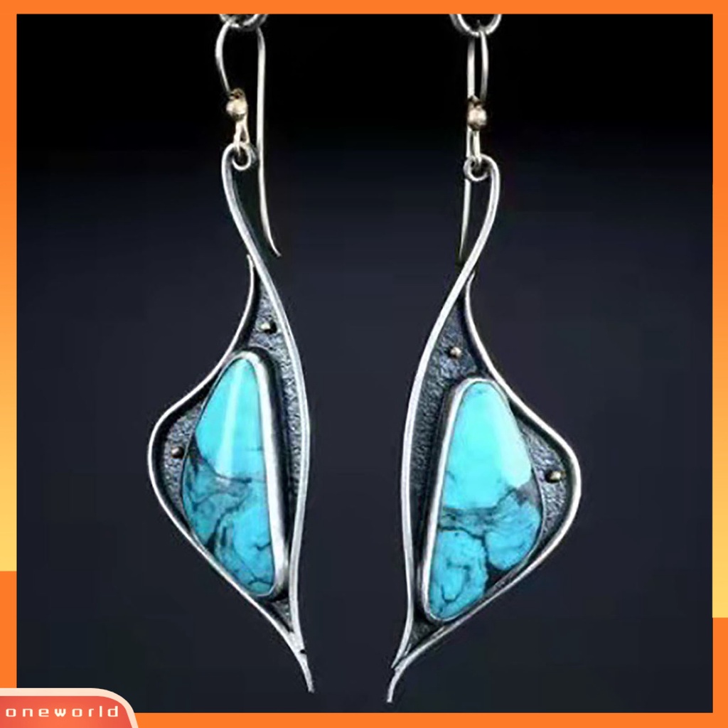 [WOD] 1pasang Tindik Compact Lady Earrings Alloy Blue Turquoise Irregular Hook Menjuntai Anting Perhiasan Aksesoris