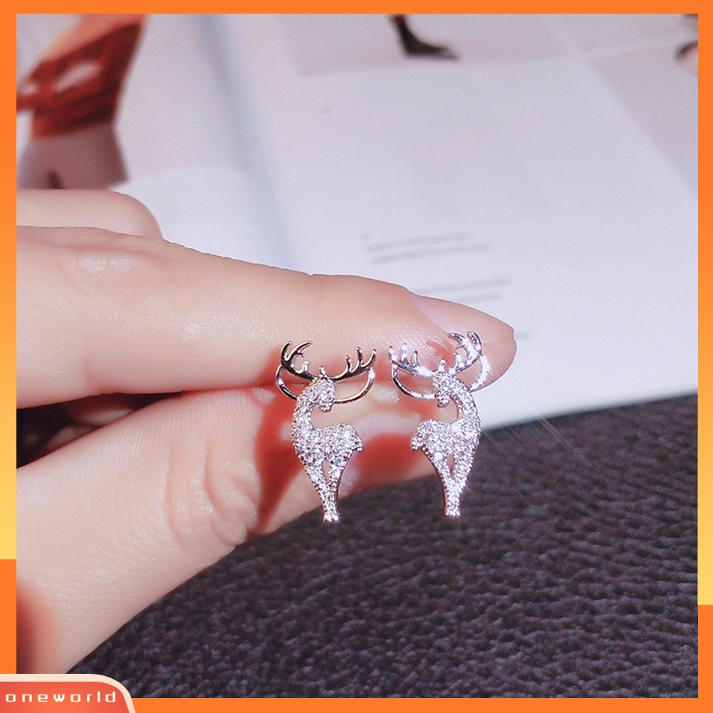 [WOD] Fashion Wanita Berlian Imitasi Elk Perak Disepuh Ear Stud Earrings Perhiasan Hadiah Xmas