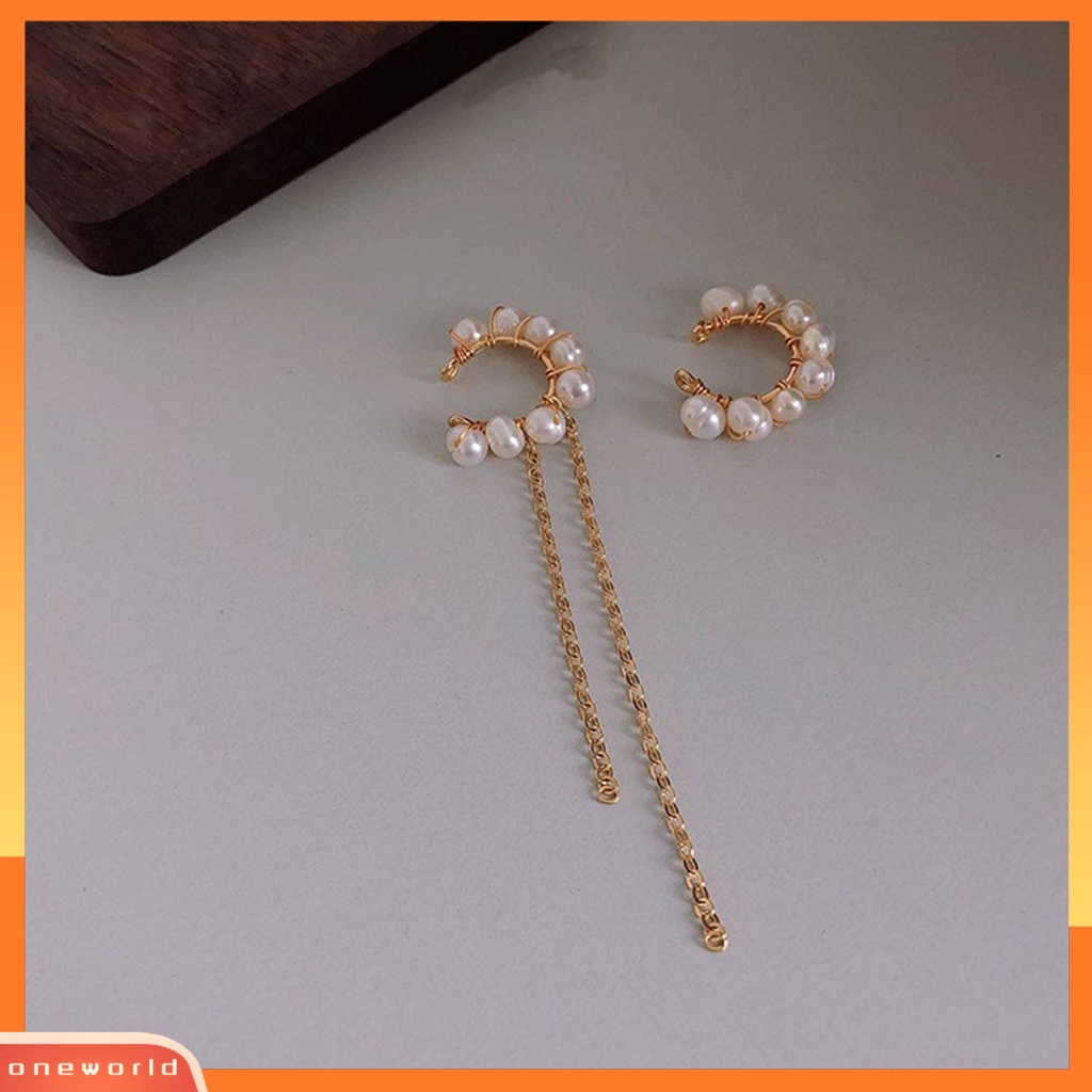 [WOD] 1pasang Indah C-shaped Asymmetric Faux Pearl Earring Ear Cuff Perhiasan Aksesori