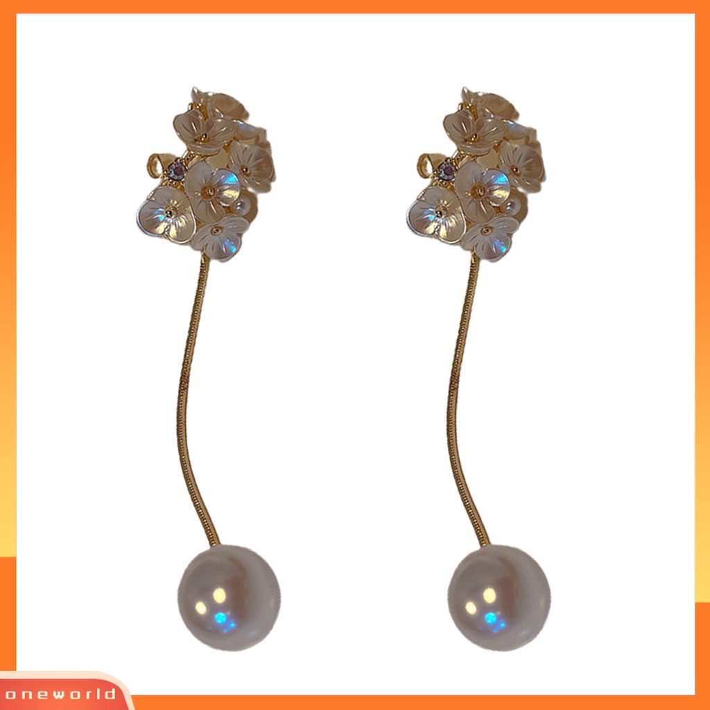 [WOD] 1pasang Anting Wanita Bunga Mutiara Imitasi Perhiasan Electroplating Panjang Jumbai Menjuntai Earrings Untuk Pesta Cocktail