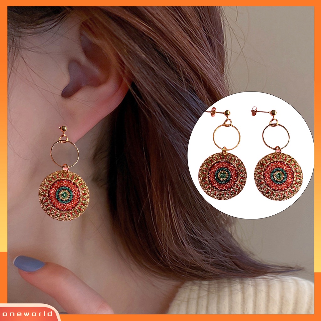 [WOD] 1pasang Anting Wanita Geometris Pola Vintage Perhiasan Electroplating Round Drop Earrings Hadiah Ulang Tahun