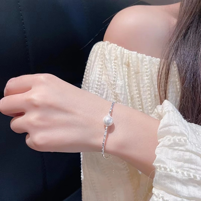 Roselife Korea Putih Mutiara Liontin Perak Bersinar Paillette Kecil Manik-Manik Gelang Untuk Wanita Perempuan Halus Mungil Berkilauan Pearl Bracelet Jewelry