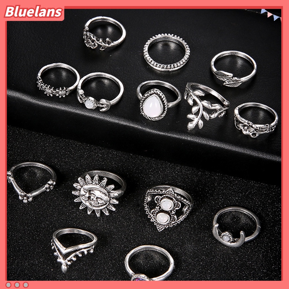 [BLS] 14pcs Vintage Bunga Matahari Bulan Jari Midi Knuckle Rings Set Wanita Pesta Perhiasan