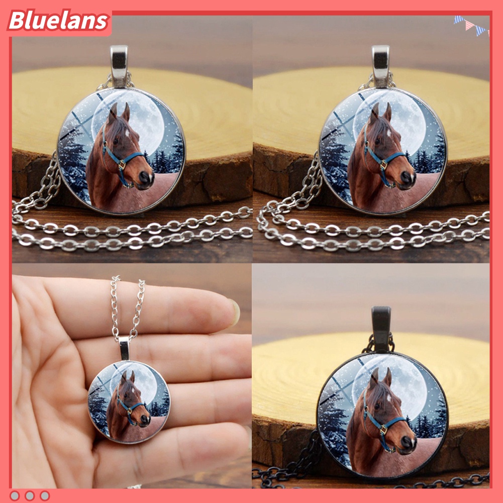 [BLS] Winter Horse Cabochon Vintage Kaca Liontin Rantai Kalung Wanita Perhiasan Hadiah