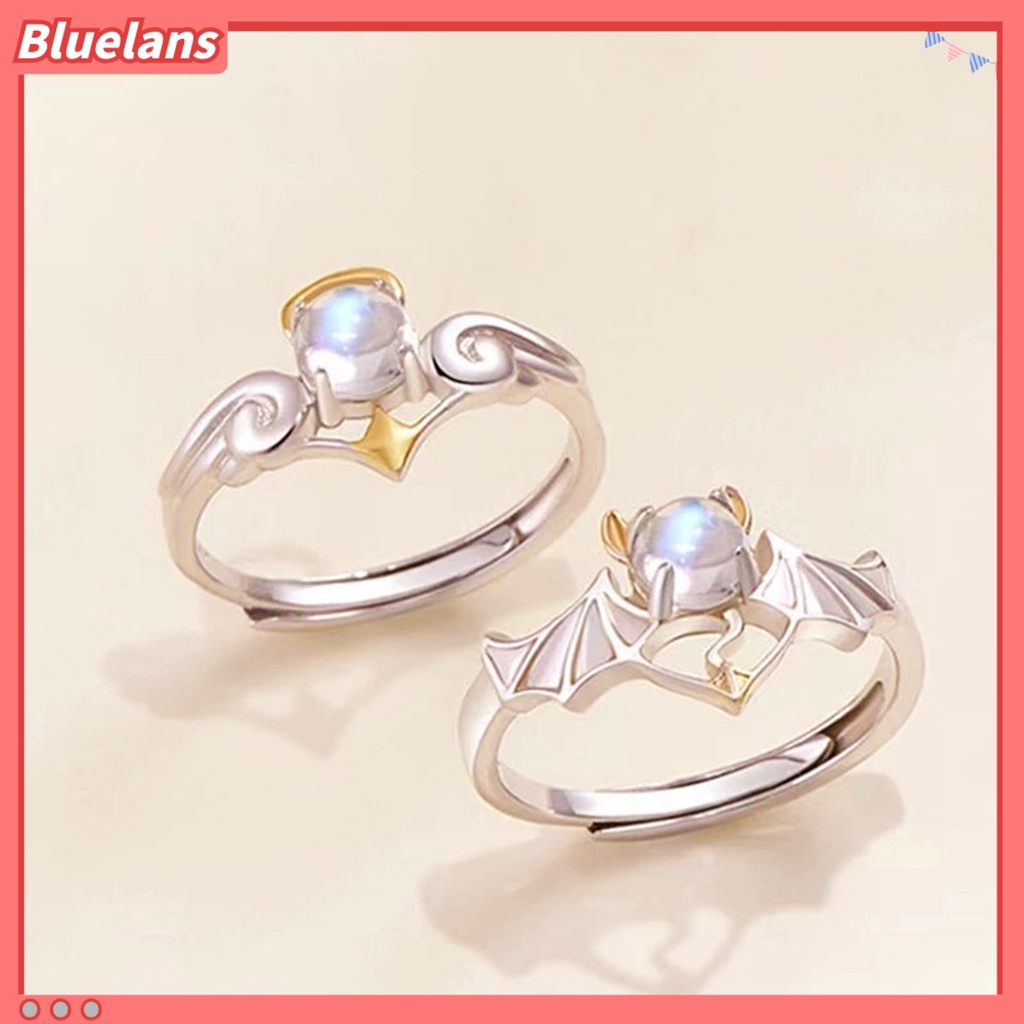 [BLS] Cincin Pasangan Sudut Dan Setan Pembukaan Bulan Batu Adjustable Berongga Keluar Jari Dekorasi Stainless Warna Kontras Lady Finger Ring Jewelry