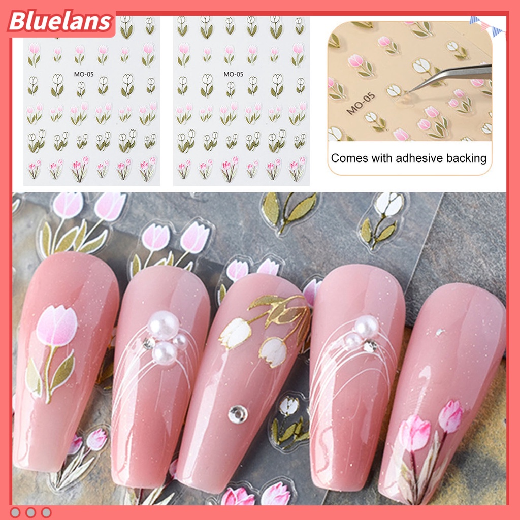 [BLM] 1lembar 3D Stiker Kuku Tulip Bunga Sakura Rose Flower Bunny Timbul Nail Art Decals Manicure Design Phone Cases Cards Body Art Decor