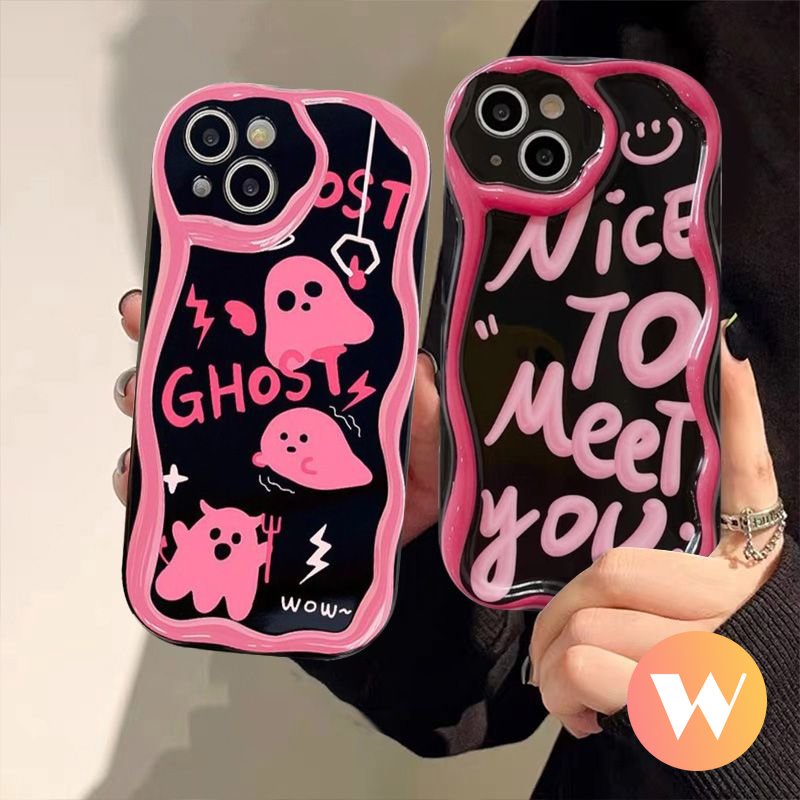 Case Untuk Samsung A12 A52 A30s A21s A14 A32 A23 A13 A03 A03s A51 A50 A04 A10s A02s A20 A20s A24 A04s A31 Fashion Art Surat Hantu Lucu 3D Tepi Melengkung Bergelombang Glossy Shockproof Case