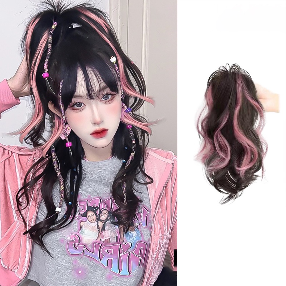 Y2k Gadis Pedas Disorot Wig Keriting Setengah Ekor Kuda Wanita Klip Gaya Simulasi Berbulu Wig Rambut Ekstensi 38CM