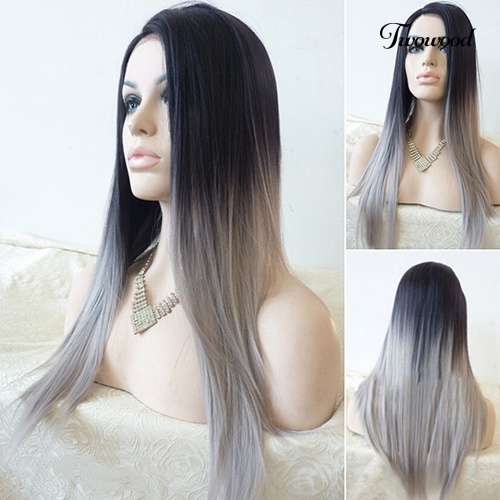 Twowood Wanita Seksi Panjang Lurus Wig Rambut Tahan Panas Hitam Ombre Abu Wig Pesta