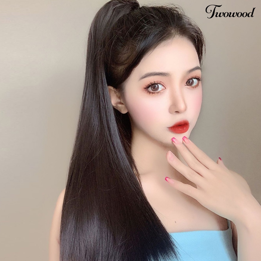 Twowood Wanita Wig Ada Perm Berbulu Tidak Dapat Dijatuhkan Tak Terlihat Rambut Styling Alami Cakar Panjang Klip Tinggi Ponytail Palsu Rambut Lurus Pemodelan Supply