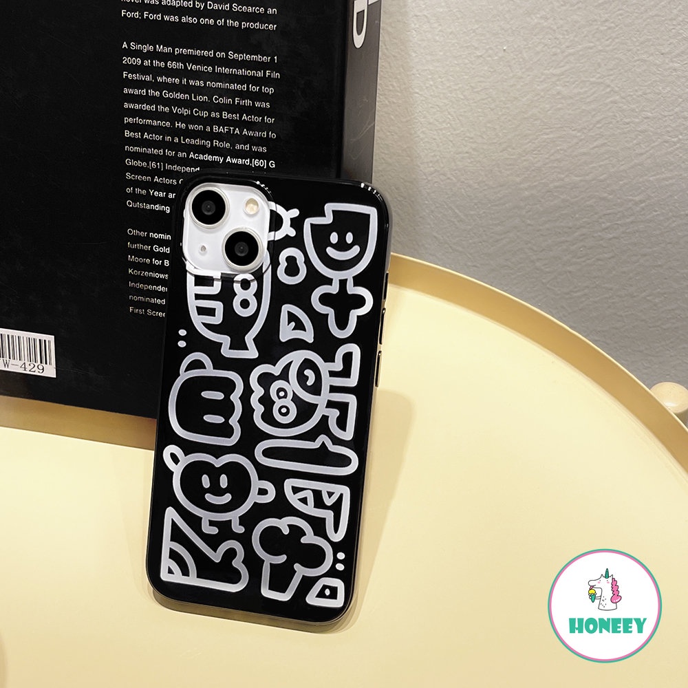 IPHONE Casing Ponsel Cinta Bunga Graffiti Lucu Kompatibel Untuk Iphone14 13 Pro Max12/12 Pro 11 Pro Max XR XS 7 8plus Hitam Lembut TPU Sarung Handphone