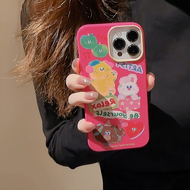 Pink Artist Bunny Bear Soft Silicon Case HP iP iPhone 7 8 14 + Plus SE 2020 2022 X XR XS 11 12 13 Mini Pro Max Jelly FTD Girl Woman Casing Apple