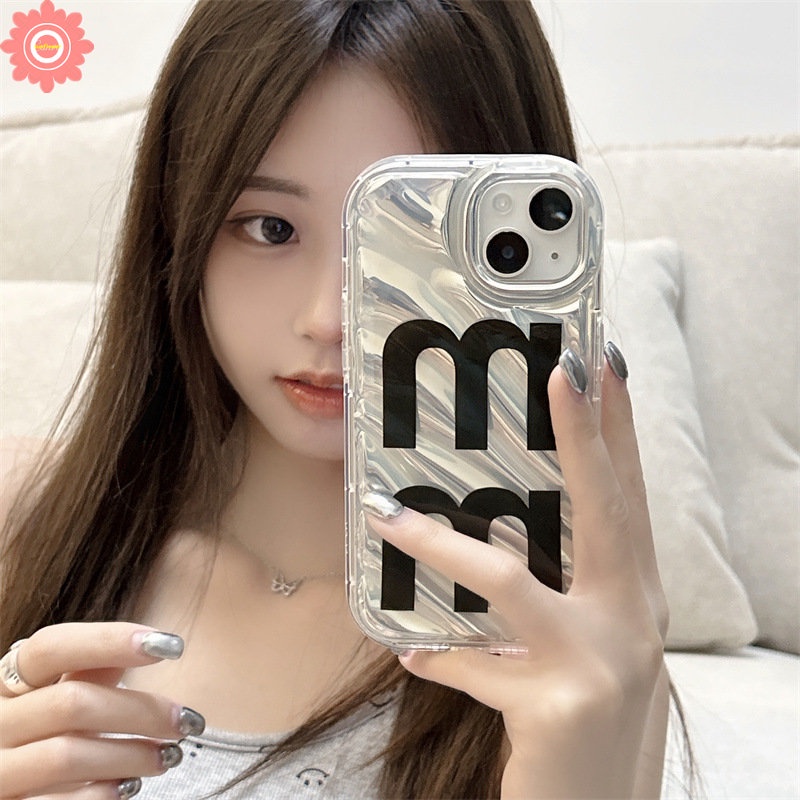 Casing Kerut Stereo Simple Huruf M 3D Kompatibel Untuk IPhone 7Plus XR 11 13 12 14 Pro MAX X XS Max7 8 6 6S Plus Se2020Pita Pink Busur Soft Cover Dengan Stiker Hati Berlian