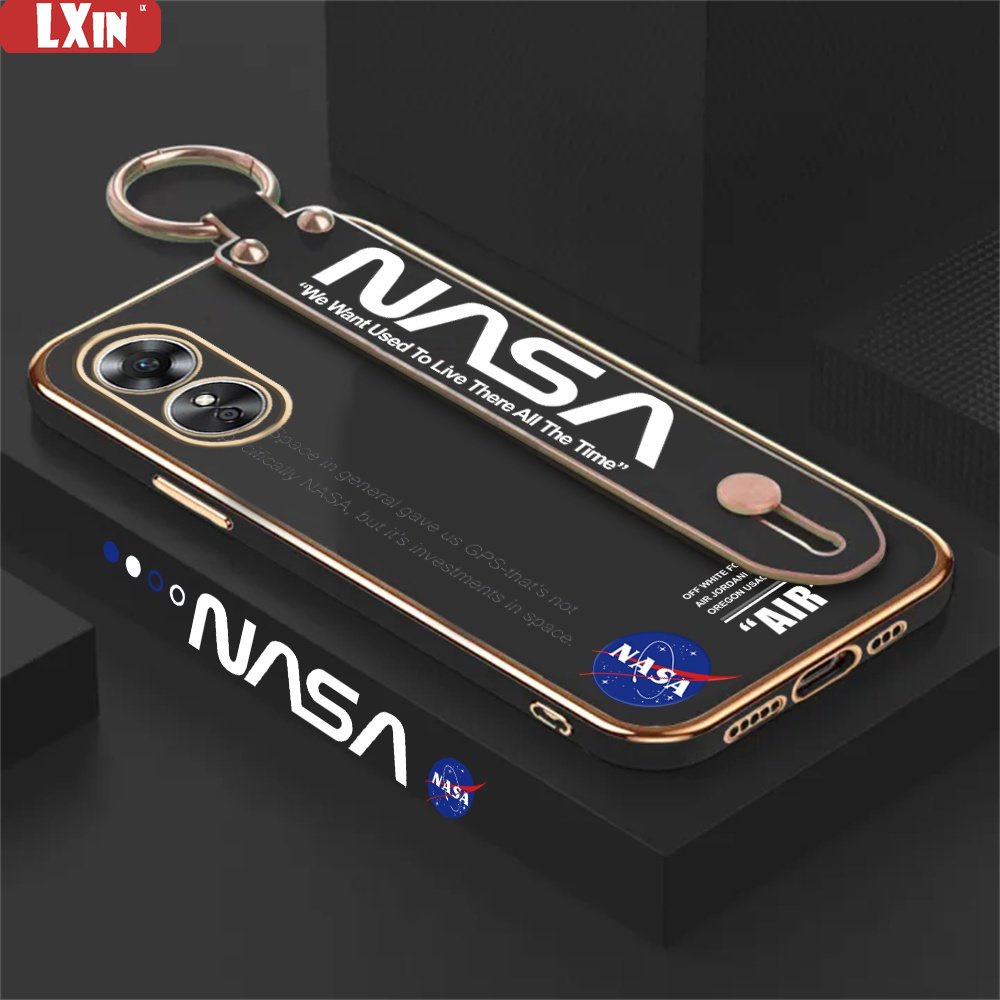 Soft Case OPPO A78 Reno 8T 4G A55 A96 A76 A13S A12e A31 A52 A92 A5 A9 2020 A83 A1K A94 F11 A37 Reno6 5F 4F NASA Desain Simple Stand Holder Lipat Mewah Plating Penutup Karet