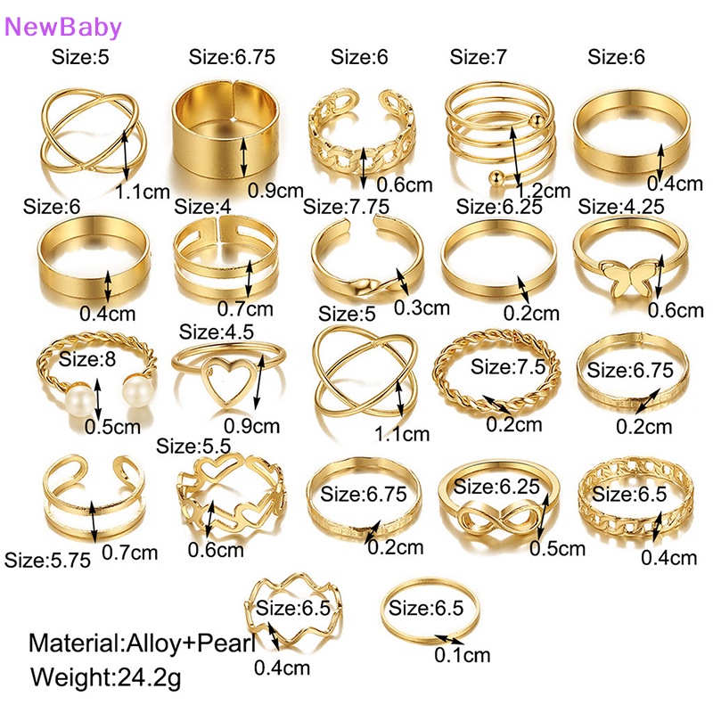 Newbaby 22pcs Set Vintage Berongga Hati Kupu-Kupu Cincin Set Untuk Wanita Logam Warna Perak Geometris Bentuk Spiral Cincin rendy Jewelry ID