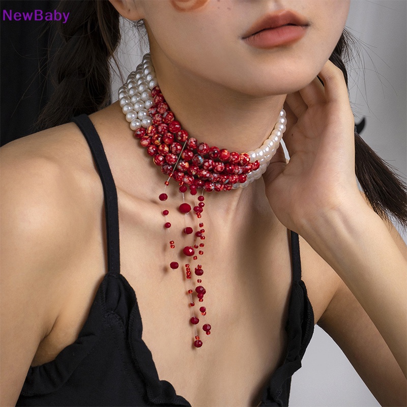 Newbaby Fashion Gothic Halloween Pola Darah Kalung Mutiara Multilayer Pearl Beads Choker Necklace Untuk Wanita Perhiasan Halloween Hadiah Kalung Pesta Perhiasan Hadiah ID
