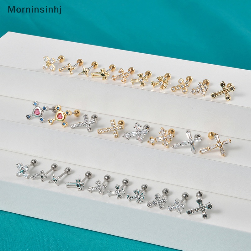 Mornin 1pcs Cross Zirkon Anting Telinga Tulang Kuku Untuk Wanita Tulang Rawan Anting Spiral Stud Earring Tubuh Perhiasan Hadiah id