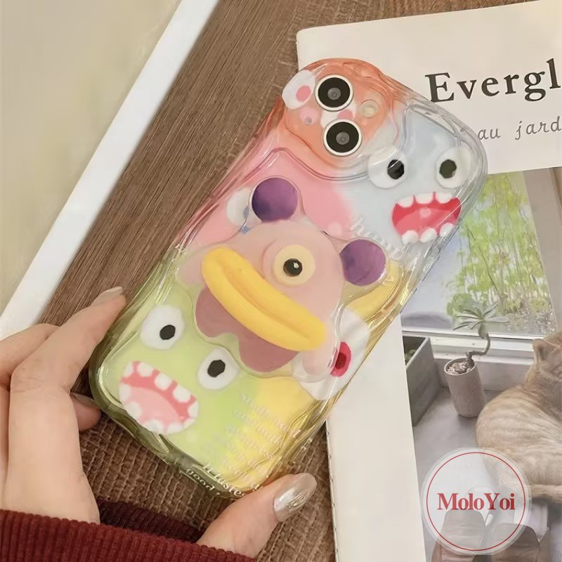 IPHONE Kartun Lucu Warna Monster Kecil Stand Bracket Case Kompatibel Untuk Iphone11 13 14 12 Pro Max 7Plus XR XS X Max7 8 6s 6 Plus Se2020 3D Wavy Curved Edge Soft Case