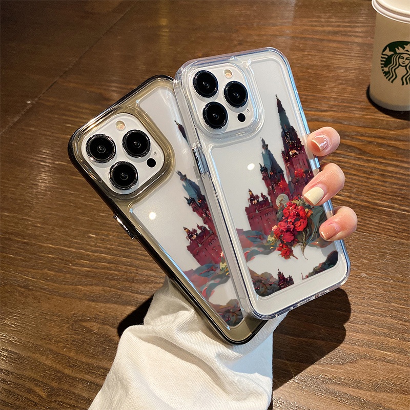 IPHONE Casing Kastil Mawar Merah Untuk Iphone6 Kompatibel 7 8 6Plus 7Plus 8Plus 11 14 Pro Max X XS XR 11 12 13 14 Pro Max SE 2020 2022 Plating Electroplated Buttons Shockproof Cover