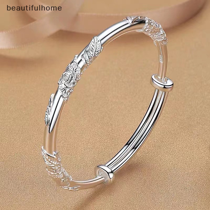 {beautifulhome} 1pc Perak Wanita Penuh-blown Bunga Gelang Halus Dan Ringan Terbuka Dapat Disesuaikan Gelang Padat Fashion Gelang Perhiasan Perak.