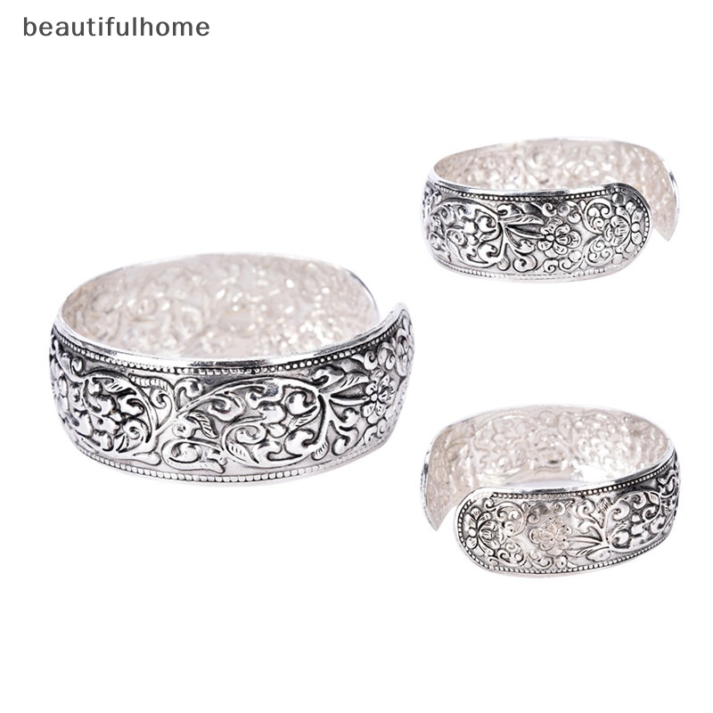 {beautifulhome} Baru Tibet Perak Totem Bangle Diukir Bunga Keberuntungan Bangle Cuff Bracelet.