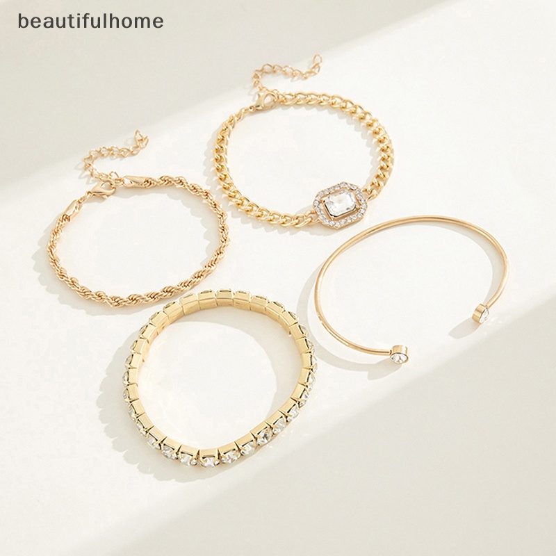 {beautifulhome} 4pcs Set Gelang Bangle Terbuka Kristal Desain Bohemian Untuk Wanita Vintage Hias Berlian Memutar Manset Rantai Aksesoris Perhiasan.