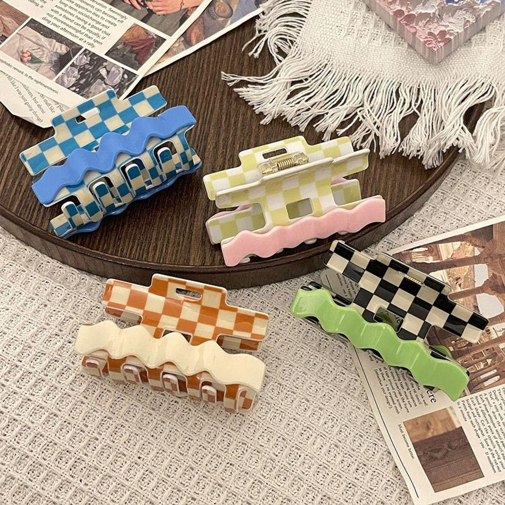 Needway Klip Cakar Motif Kotak Aksesoris Rambut Kepiting Ponytail Holder Garis Gelombang Hiu Klip Kotak-Kotak Asetat Gaya Korea Hair Claw Clips Untuk Wanita