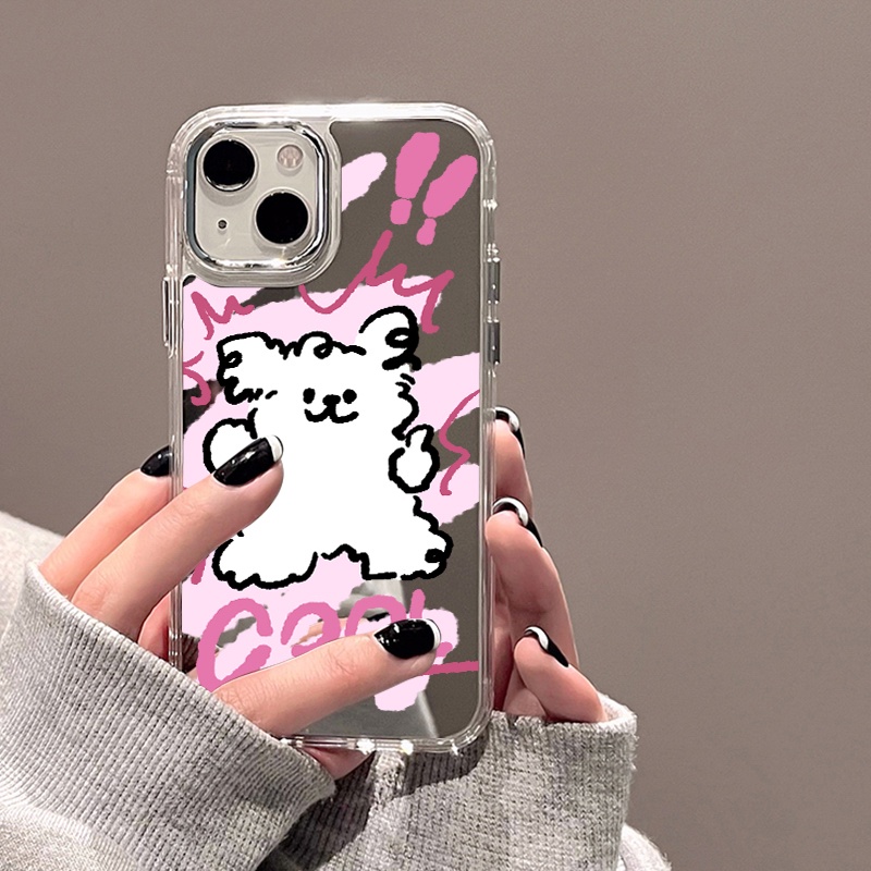 IPHONE Kartun Anjing Lucu Cermin Ponsel Case Kompatibel Untuk Iphone11 12 13 14 12Pro 13Pro 14Pro Pro Max XR X XS Max Electroplating Tombol Perlindungan Mirror Cover