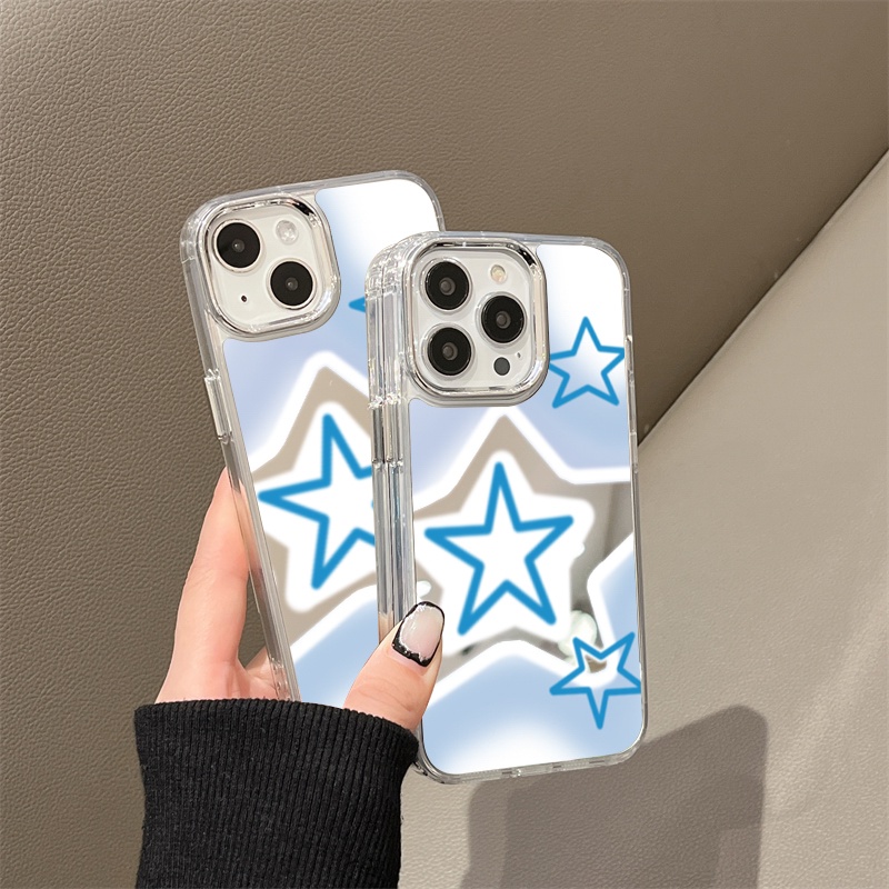 IPHONE Casing Ponsel Cermin Bintang Biru Berkilau Kompatibel Untuk Iphone11 12 13 14 12Pro 13Pro 14Pro Pro Max XR X XS Max Electroplating Tombol Perlindungan Mirror Cover