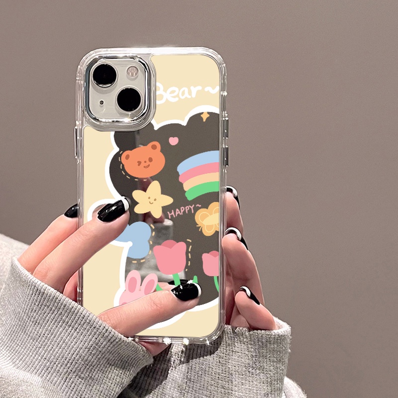 IPHONE Happy Bunny Bear Mirror Phone Case Kompatibel Untuk Iphone11 12 13 14 12Pro 13Pro 14Pro Pro Max XR X XS Max Electroplating Tombol Perlindungan Mirror Cover