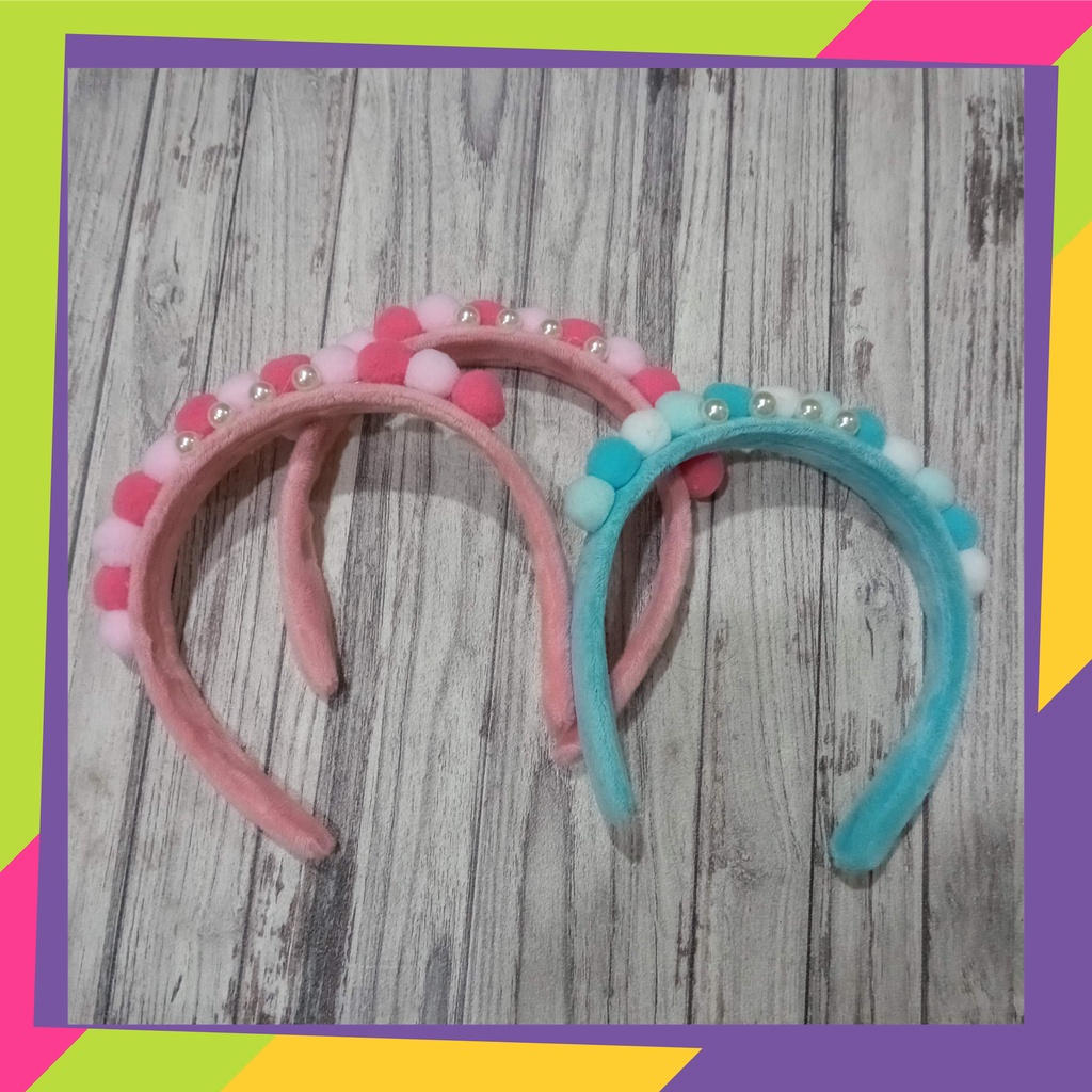 5096 / Paket usaha bando bulu bulu pompom mutiara / Bandana head band