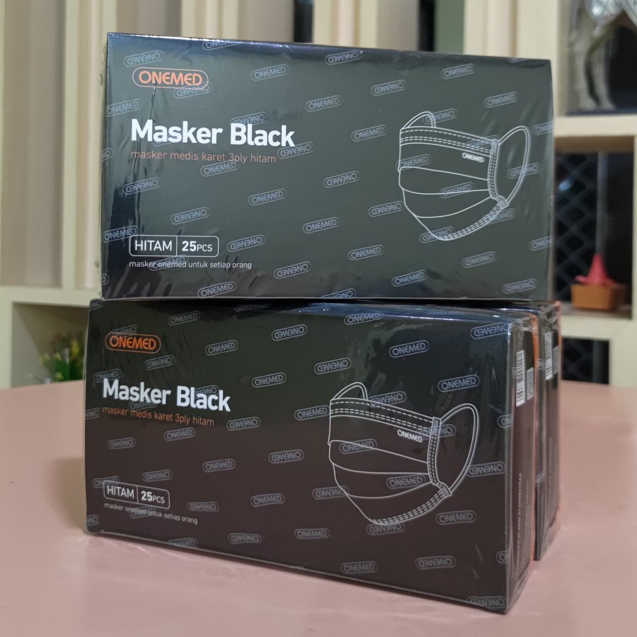 Masker Karet Medis 3 Ply All Black Onemed Box Isi 25 Pcs