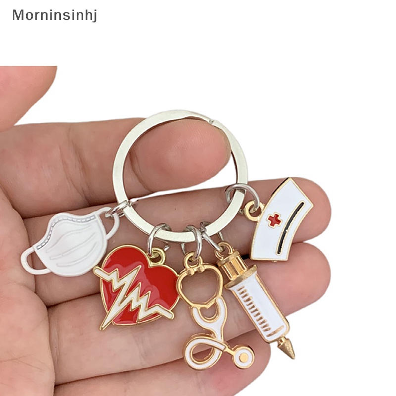 Mornin Dokter Gantungan Kunci Alat Gantungan Kunci Detak Jantung Nurse Cap Key Ring Hadiah Perawat Kreatif DIY Perhiasan Handmade id