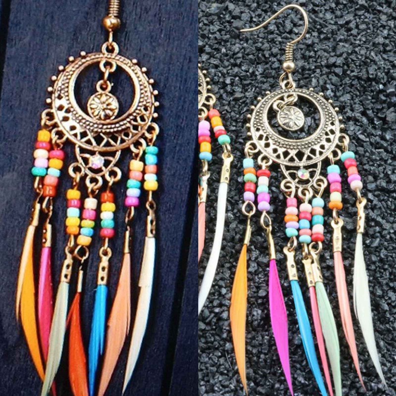 Bohemian Anting Rumbai Untuk Wanita Menjuntai Anting Panjang Bulu Boho Drop Earrings Biji Manik Perhiasan Vintage