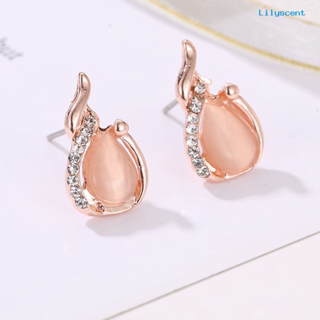 [LS]2Pcs/Set Shiny Noble Kalung Anting Set Alloy Water Drop Faux Opal Pendant Necklace Earrings Perhiasan Aksesori