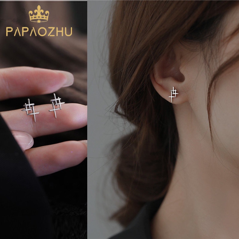 Papaozhu Vintage Perak Bintang Stud Anting Untuk Wanita Pria Unisex Sederhana Fashion Geometris Salib Anting Chic Telinga Perhiasan