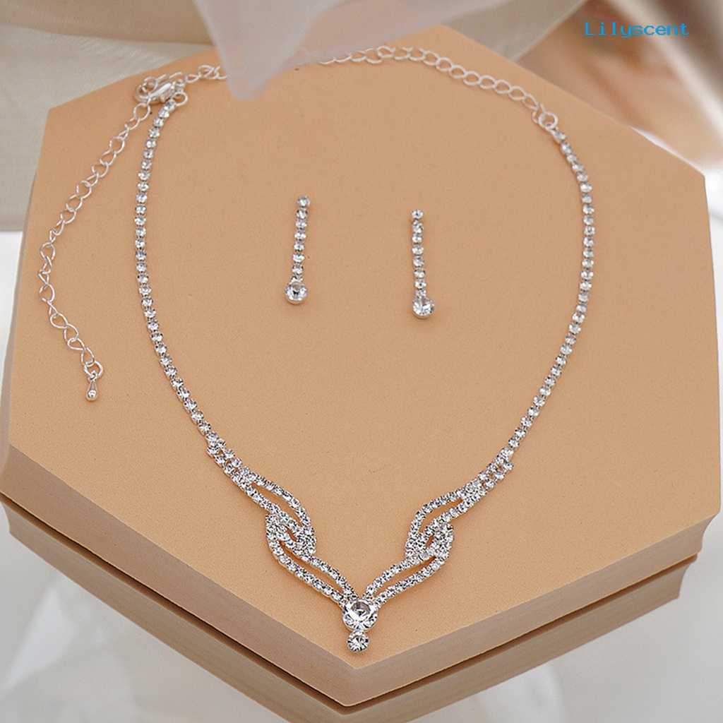 [LS]2Pcs/Set Kalung Anting Set Multi-layer Pernikahan Perhiasan Pengantin Indah Elegan Hias Berlian Imitasi Drop Earrings Kalung Hadiah Anniversary