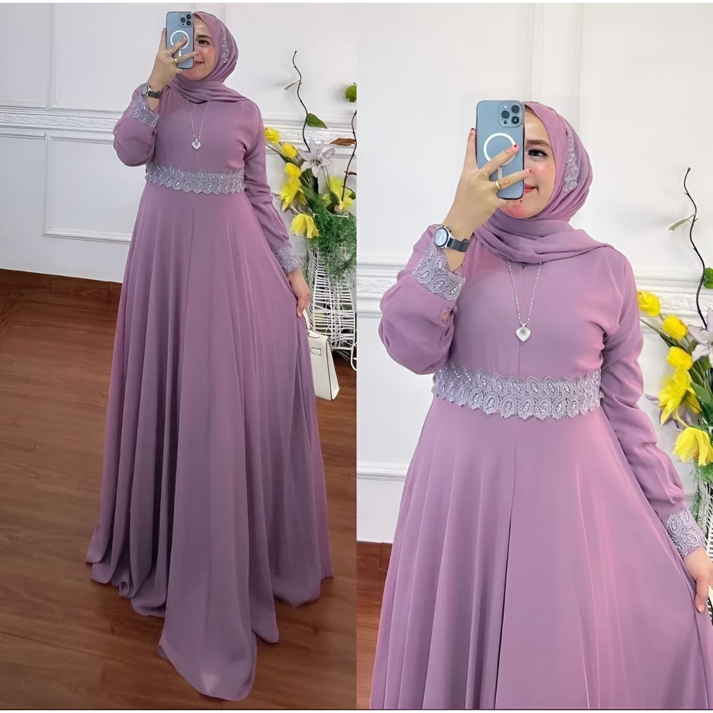 Nayla Set Pashmina Wanita Muslim l Gamis Muslim OOTD Gaun Pesta Kondangan l Dress Maxy Ceruty Babydoll