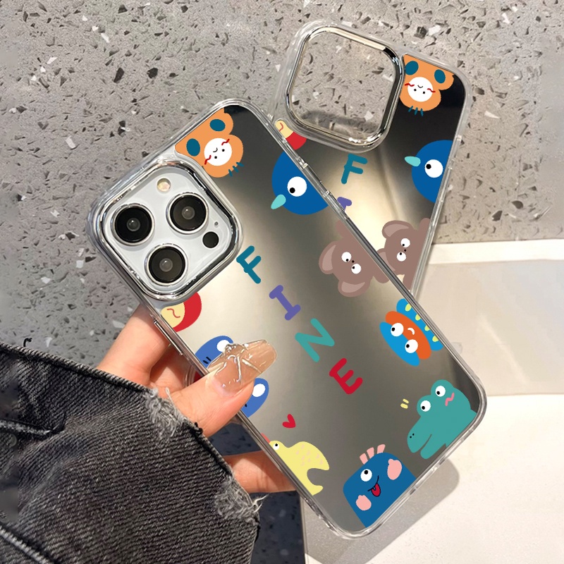IPHONE Kartun Hewan Cermin Ponsel Case Kompatibel Untuk Iphone11 12 13 14 12Pro 13Pro 14Pro Pro Max XR X XS Max Electroplating Tombol Perlindungan Mirror Cover