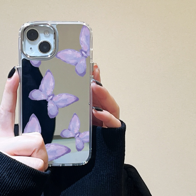 IPHONE Casing Ponsel Cermin Kupu-Kupu Ungu Kompatibel Untuk Iphone11 12 13 14 12Pro 13Pro 14Pro Pro Max XR X XS Max Electroplating Tombol Perlindungan Mirror Cover
