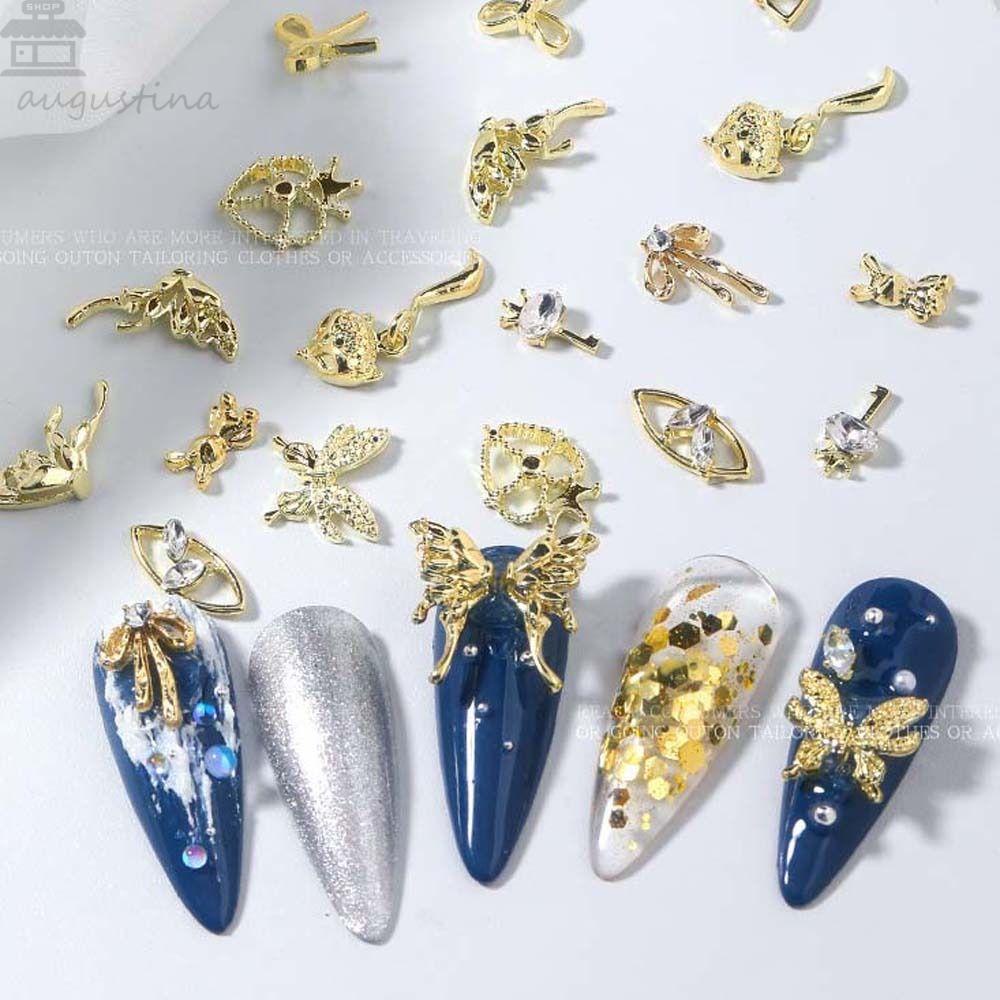 AUGUSTINA Agustinina Busur Dekorasi Kuku Wanita Mewah Emas Paduan Mahkota Manicure Aksesoris Kuku Jepang Nail Art 3D Nail Art Drills