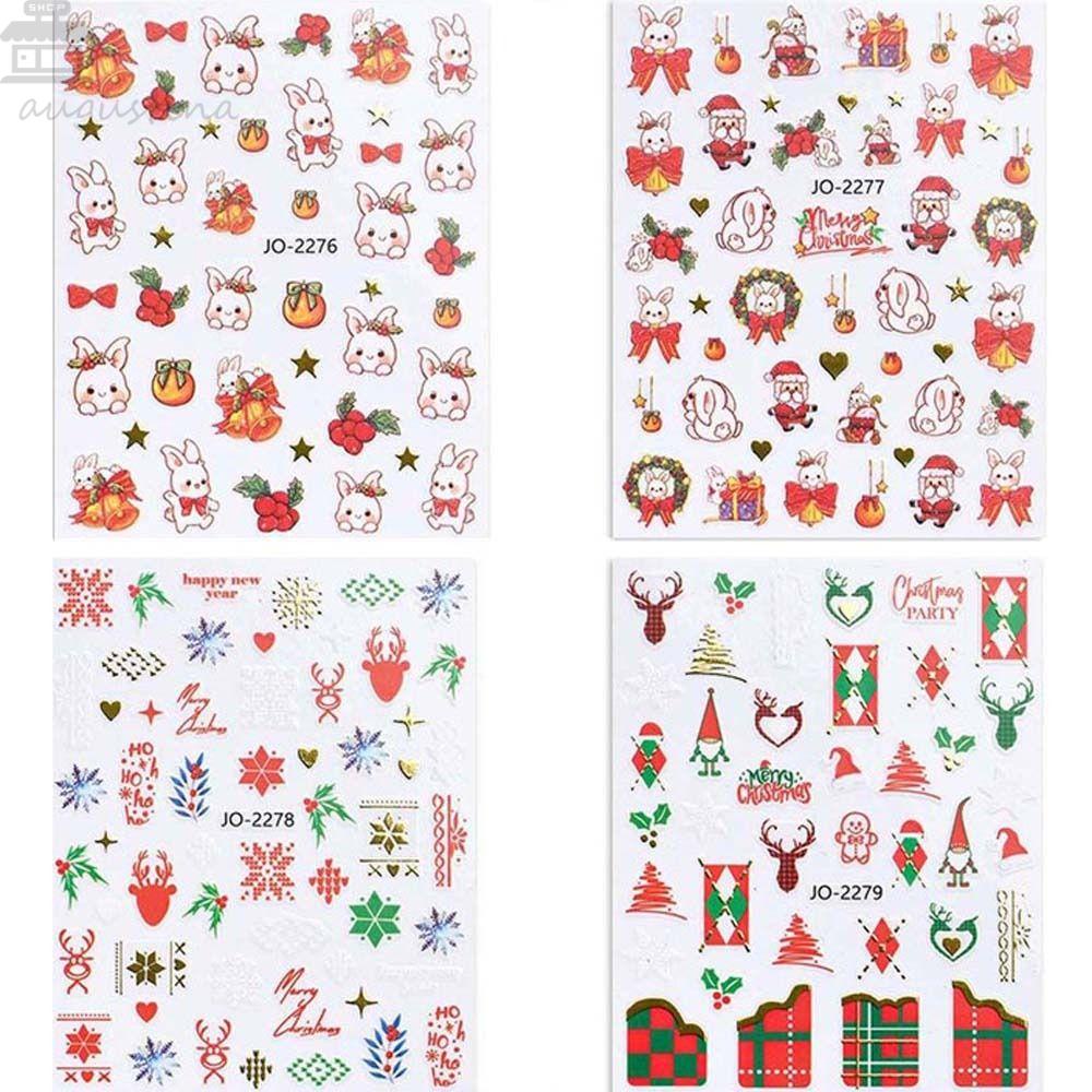 AUGUSTINA Agustina Natal Stiker Kuku Fashion Snowman Kartun Kelinci Manicure Aksesoris Snowflake Santa Claus Nail Art Dekorasi