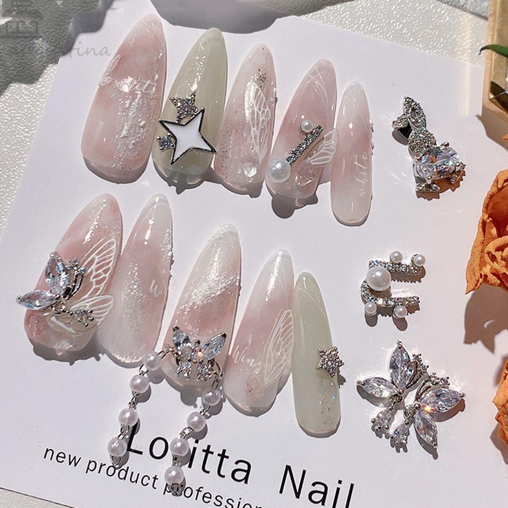 AUGUSTINA Augustina Nail Art Berlian Imitasi Mewah Flash Mutiara Kupu-Kupu Cinta Rantai Liontin Perhiasan Kuku DIY