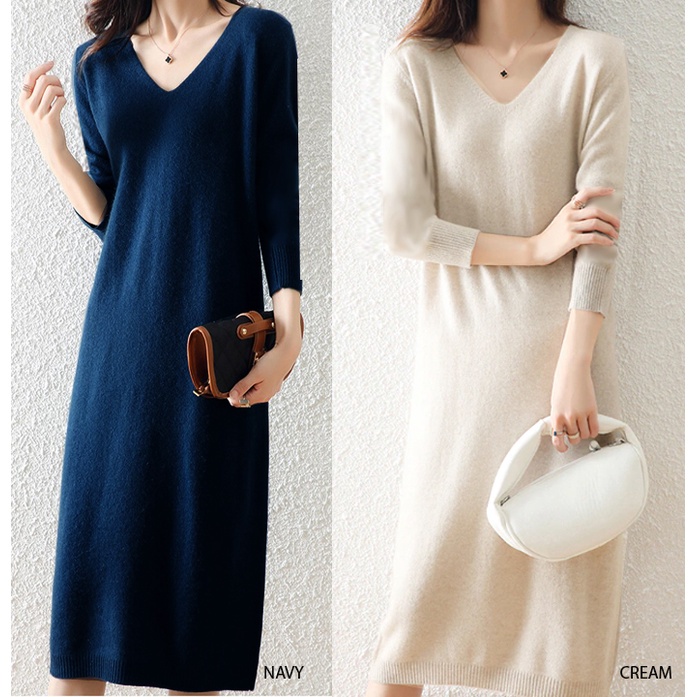 (D109) V neck knit midi loose dress rajut wanita