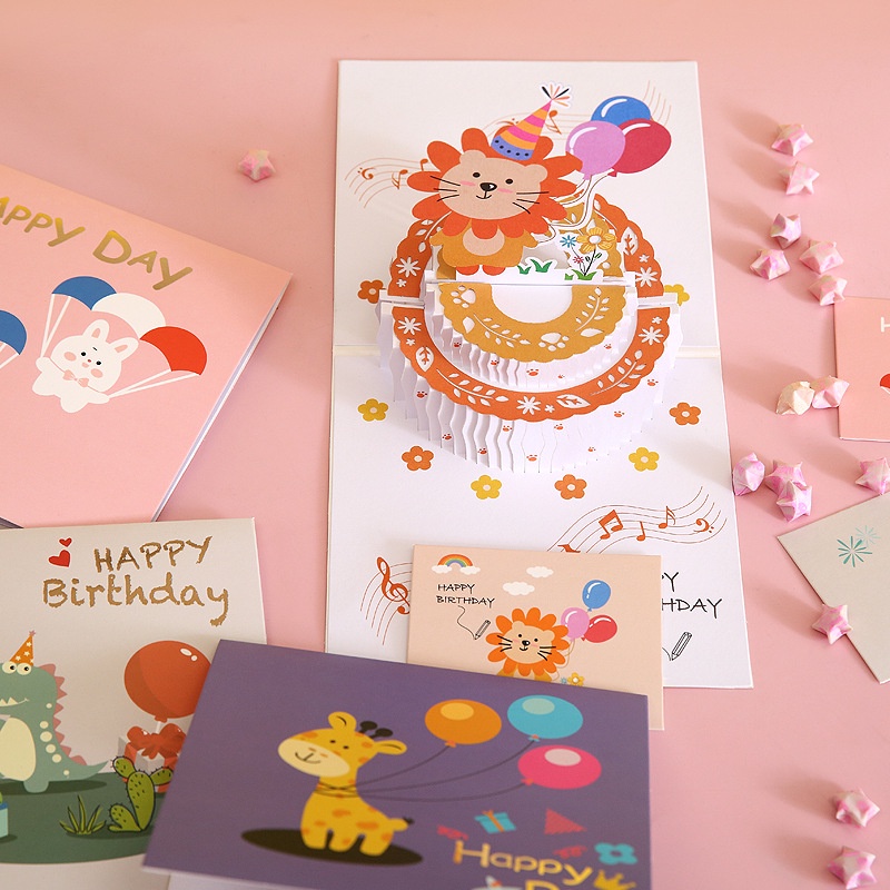 Ins Lucu Kartun Hewan Kue Kartu Ucapan Kreatif Commemorative 3D Celebrate Birthday Cards