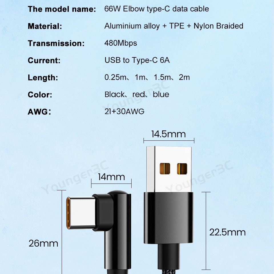 66w Elbow Nylon Woven Mobile Game Kabel Data 6A Super Fast Charging Cord Jalur Pengisian Flash Untuk ios Micro Tipe C