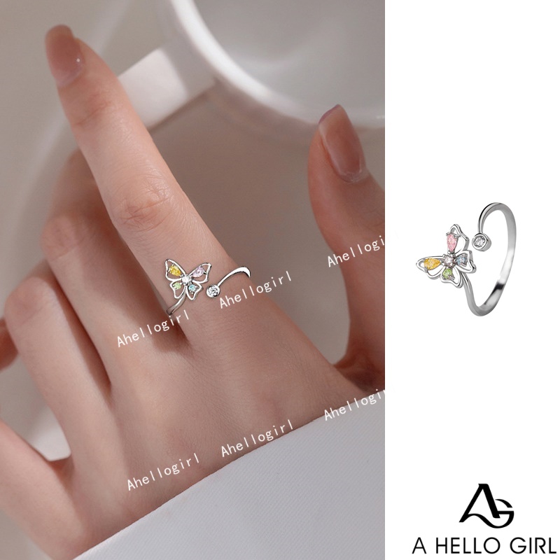Cincin Sterling Silver 925 Model Terbuka Adjustable Desain Kupu-Kupu Hias Berlian Untuk Wanita
