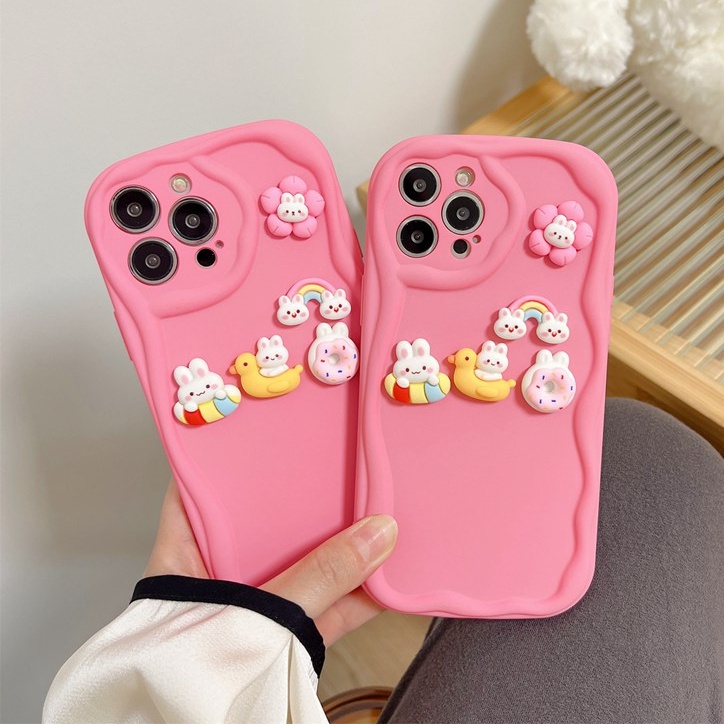 Macaron Pink Wave Rainbow Bunny Soft Silicon Case HP iP iPhone 6 6S 7 8 14 + Plus SE 2020 2022 X XS XR 11 12 13 Pro Max Girl Woman Casing