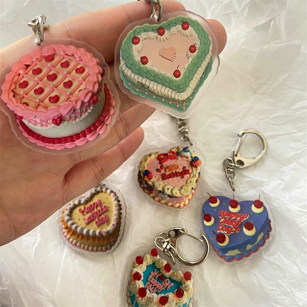 Kreatif Hati Kue Akrilik Gantungan Kunci Vintage Happy Birthday Keyrings Ransel Ritsleting Liontin Hias Aksesoris Hadiah